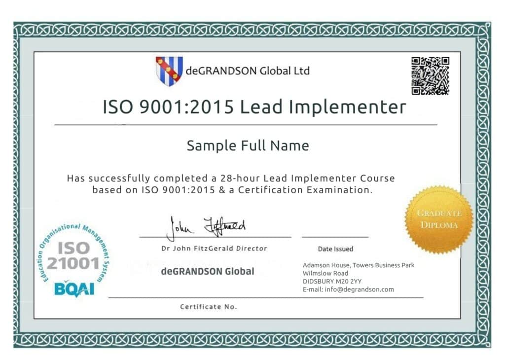 ISO 9001 Lead Implementer Training and Certification Certificate ISO 9001 Lead Implementer Training and Certification Certificate