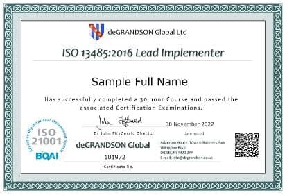 Sample certificate iso 13485 internal auditor with QR code