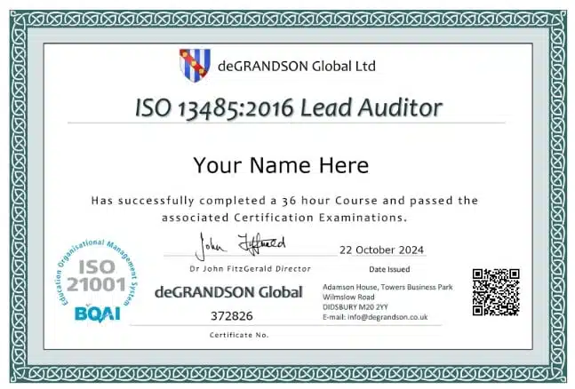 Sample certificate iso 13485 internal auditor with QR code