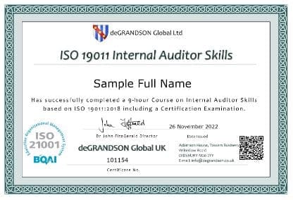 ISO 19011 Training and Certification course sample certificate with QR code