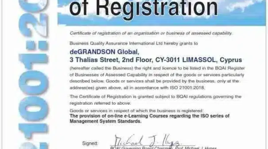 deGRANDSON Global ISO 21001 Certificate of Registration v2