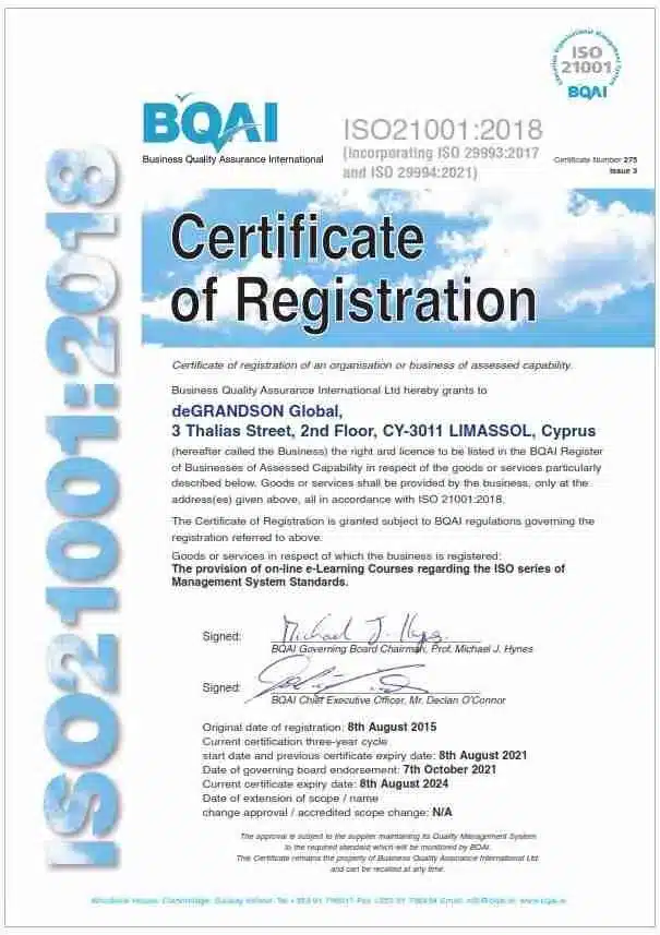 deGRANDSON Global ISO 21001 Certificate of Registration v2