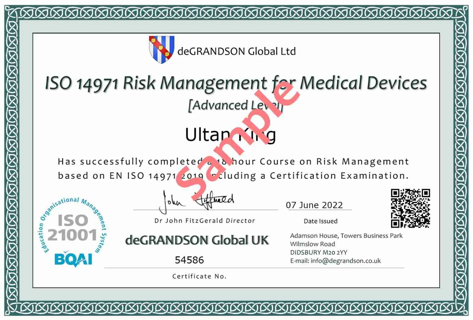 ISO 14971 training and certification certificate with QR code sample