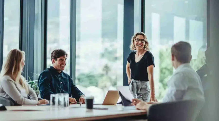 Office workers laughing together while in a meeting