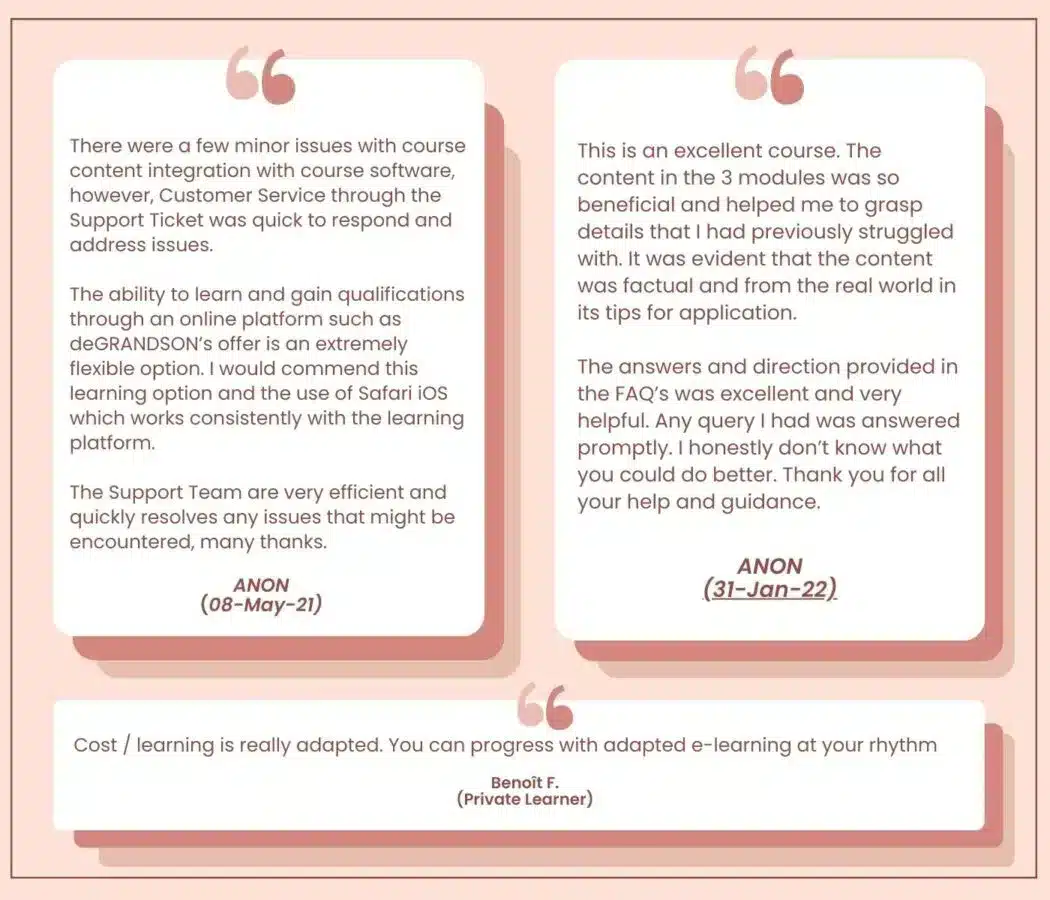 Graphic showing a preview of actual client reviews that deGRANDSON received from learners who took its courses