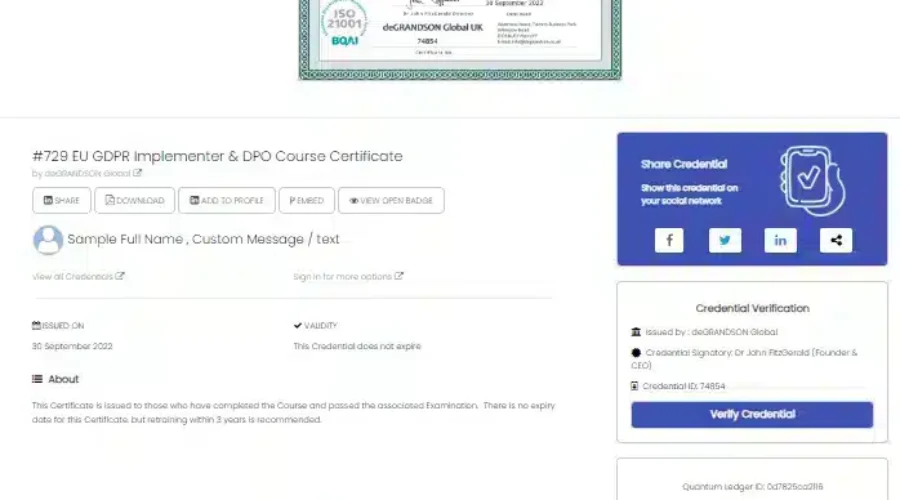deGRANDSON ISO auditor certificate QR code