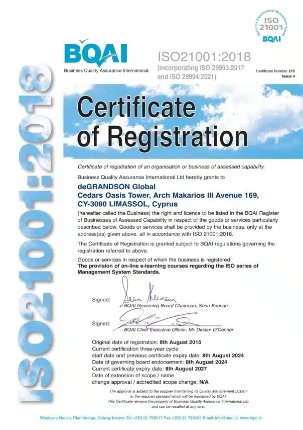 deGRANDSON Global ISO 21001 Certificate of Registration v2