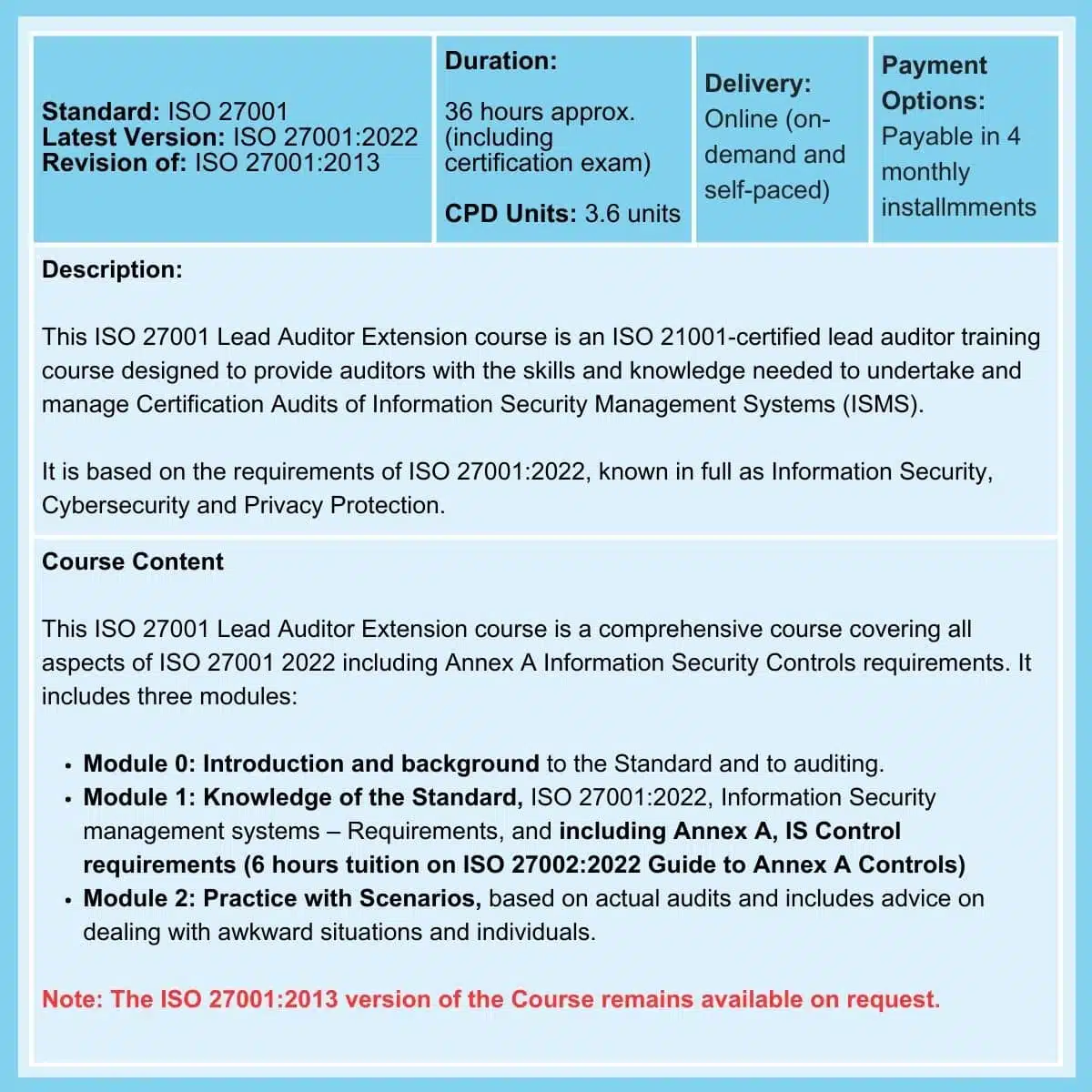 ISO 27001 Lead Auditor Extension Course Summary