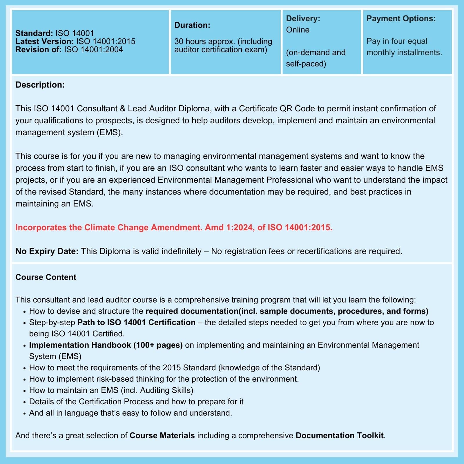 ISO 14001 Consultant and Lead Auditor Course summary