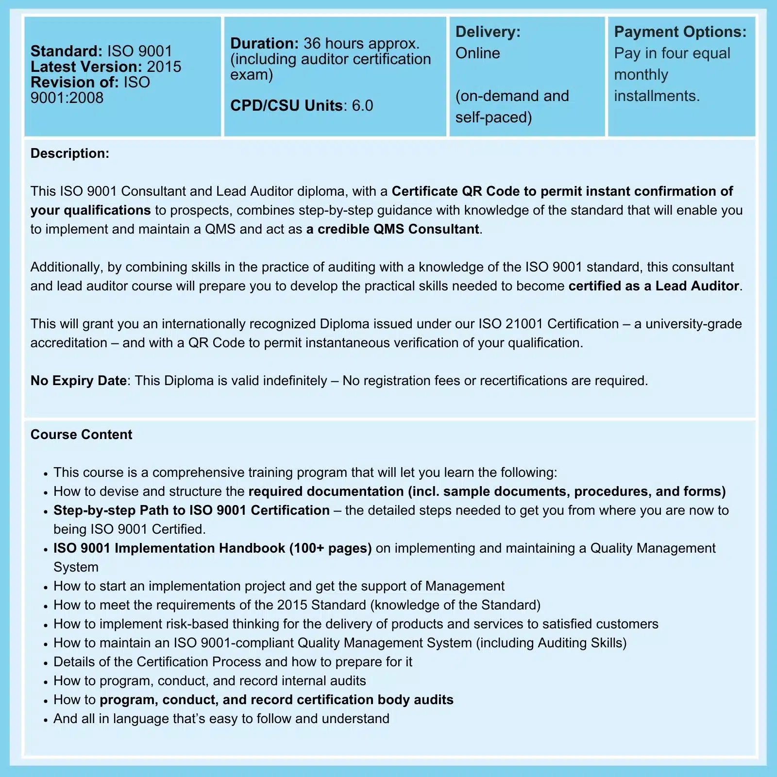 ISO 9001 Consultant and Lead Auditor Course summary