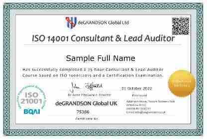 Sample Cert for ISO 14001 Consultant and Lead AuditorEU GDPR Implementer DPO Course