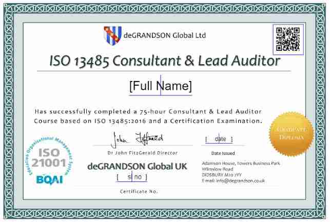 deGRANDSON Global's sample certificate for ISO 13485 Consultant and Lead Auditor course