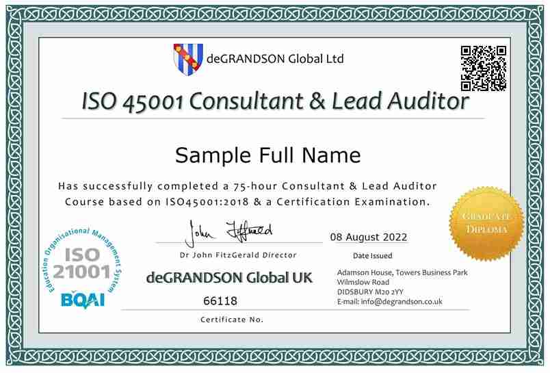 deGRANDSON Global ISO 45001 Diploma certificate sample with QR Code
