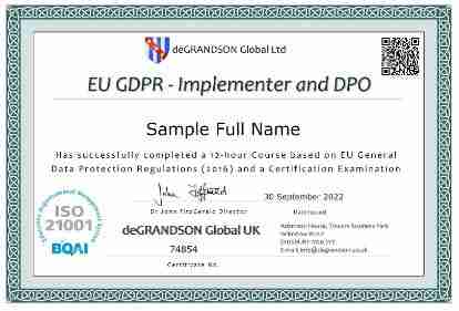 Cert 729 Sample Cert for EU GDPR Implementer DPO Course