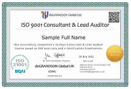 Sample Certificate for ISO 9001 Consultant and Lead Auditor