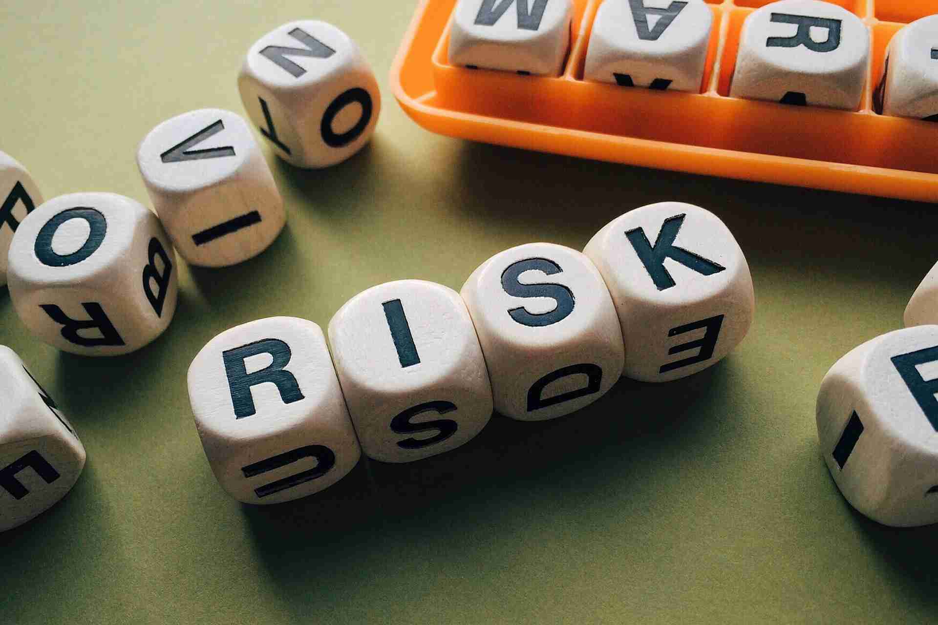 Risk management symbolized by tiles that spell our the word risk